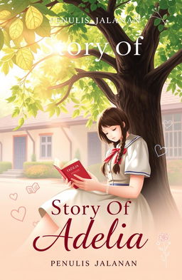 A romantic school-style book cover featuring the title "Story Of Adelia" by Penulis Jalanan