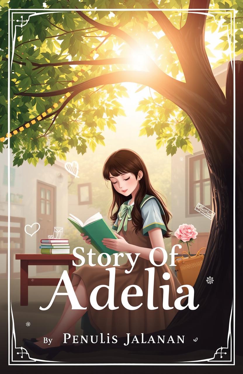 A romantic school-style book cover featuring the title "Story Of Adelia" by Penulis Jalanan