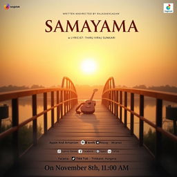 A beautiful sunrise casting a warm, golden glow over a serene and peaceful bridge