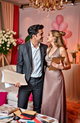 A romantic scene representing a male fashion designer and a female event manager, both exuding passion and creativity