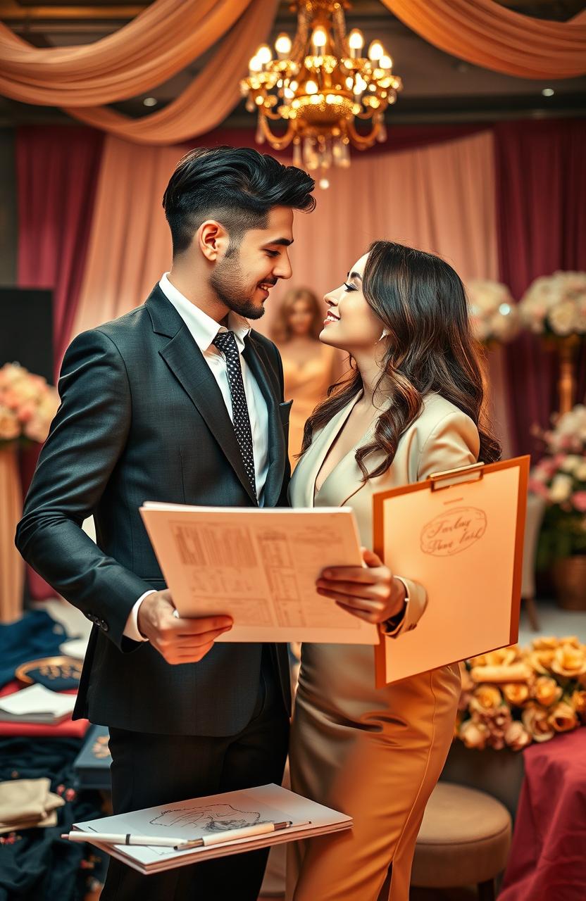 A romantic scene representing a male fashion designer and a female event manager, both exuding passion and creativity