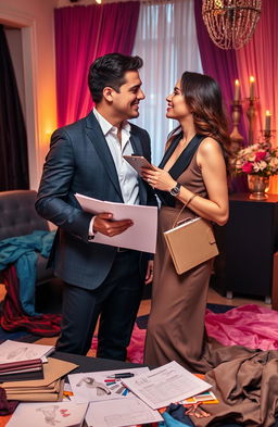 A romantic scene representing a male fashion designer and a female event manager, both exuding passion and creativity