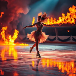 A graceful ice skater in a stunning costume performing on a rink engulfed in vibrant flames