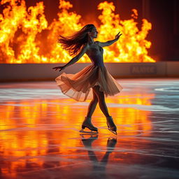 A graceful ice skater in a stunning costume performing on a rink engulfed in vibrant flames