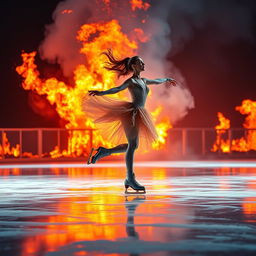 A graceful ice skater in a stunning costume performing on a rink engulfed in vibrant flames