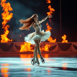 A graceful ice skater in a stunning costume performing on a rink engulfed in vibrant flames