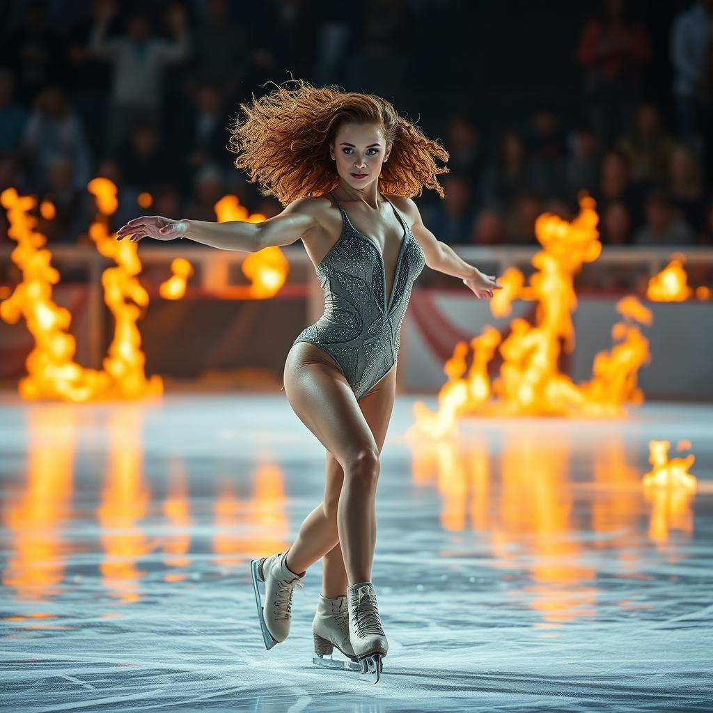 A striking ice skater performing gracefully on a flaming ice rink