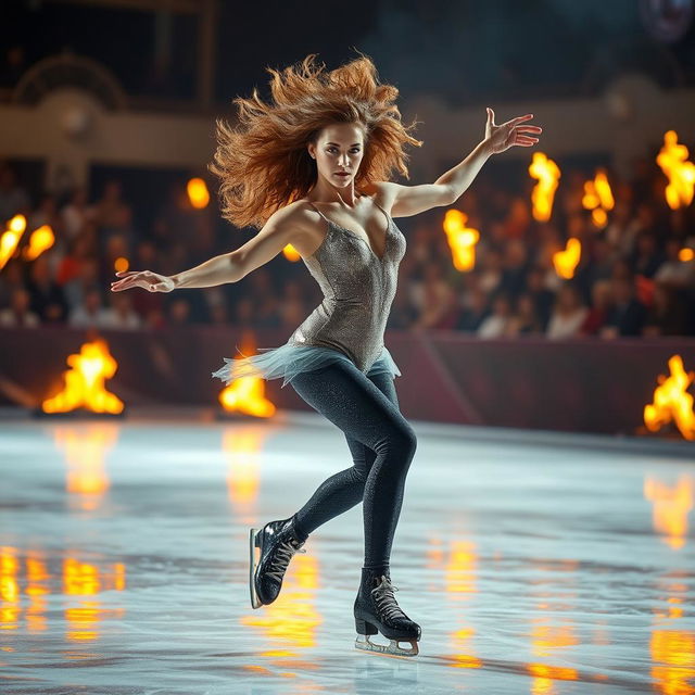 A striking ice skater performing gracefully on a flaming ice rink