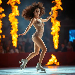 A striking ice skater performing gracefully on a flaming ice rink