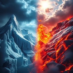 A dramatic depiction of the contrast between ice and fire, showcasing a fierce battle between elements