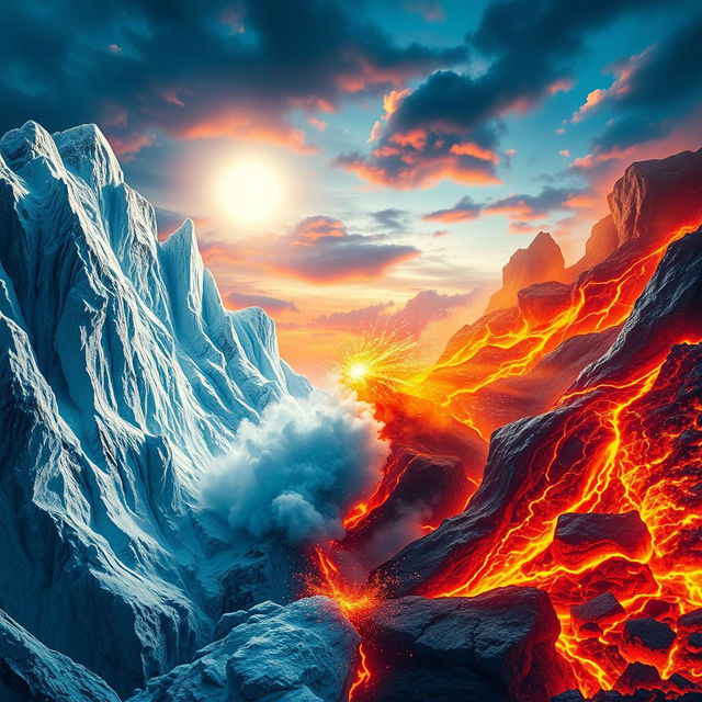 A dramatic depiction of the contrast between ice and fire, showcasing a fierce battle between elements