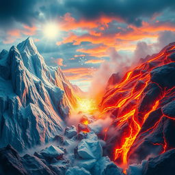 A dramatic depiction of the contrast between ice and fire, showcasing a fierce battle between elements