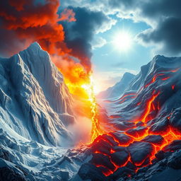 A dramatic depiction of the contrast between ice and fire, showcasing a fierce battle between elements