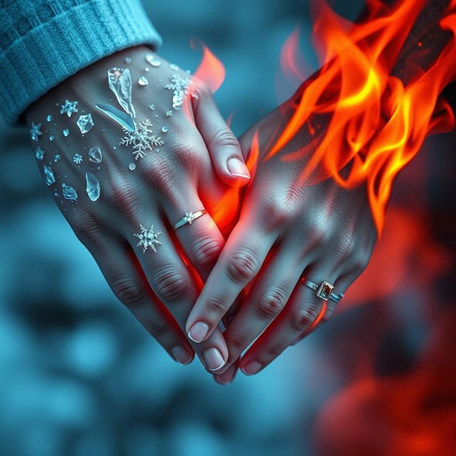 A symbolic representation of 'Ice and Fire' featuring the hands of a couple intertwined