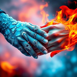 A symbolic representation of 'Ice and Fire' featuring the hands of a couple intertwined