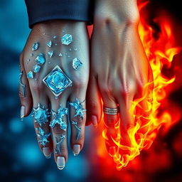 A symbolic representation of 'Ice and Fire' featuring the hands of a couple intertwined
