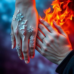 A symbolic representation of 'Ice and Fire' featuring the hands of a couple intertwined