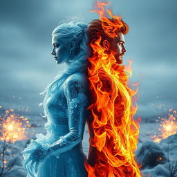 An artistic representation of the theme 'She is ice, and he is fire'