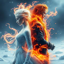 An artistic representation of the theme 'She is ice, and he is fire'