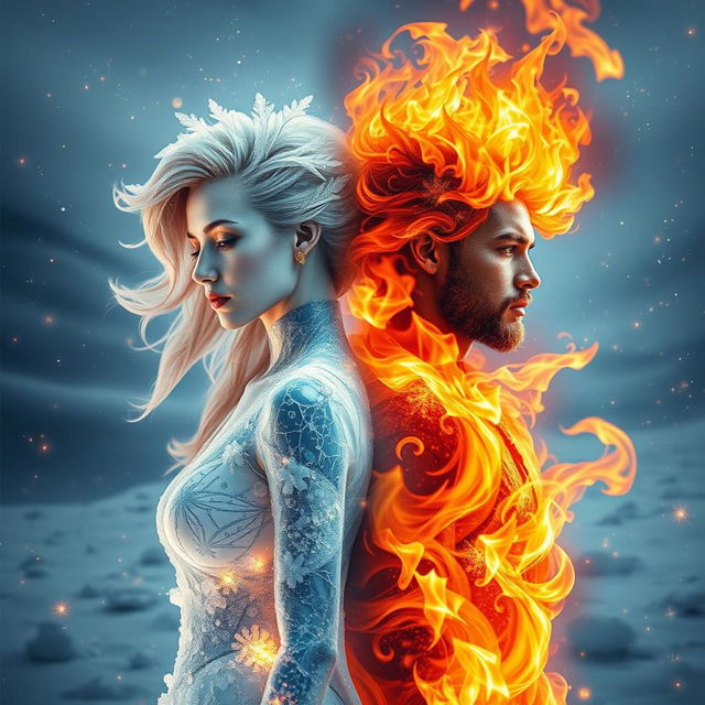 An artistic representation of the theme 'She is ice, and he is fire'