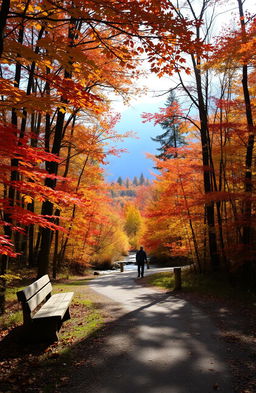 A serene forest pathway during autumn, leading into a colorful landscape filled with vibrant red, orange, and yellow leaves