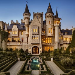 A grandiose castle-style house on a 35 kanal landscape with lavish gardens, imposing towers, expansive courtyards, and a luxurious interior design reflecting medieval splendor combined with modern amenities.