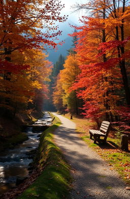 A serene forest pathway during autumn, leading into a colorful landscape filled with vibrant red, orange, and yellow leaves