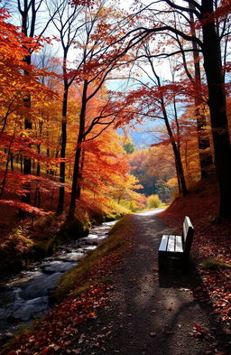 A serene forest pathway during autumn, leading into a colorful landscape filled with vibrant red, orange, and yellow leaves