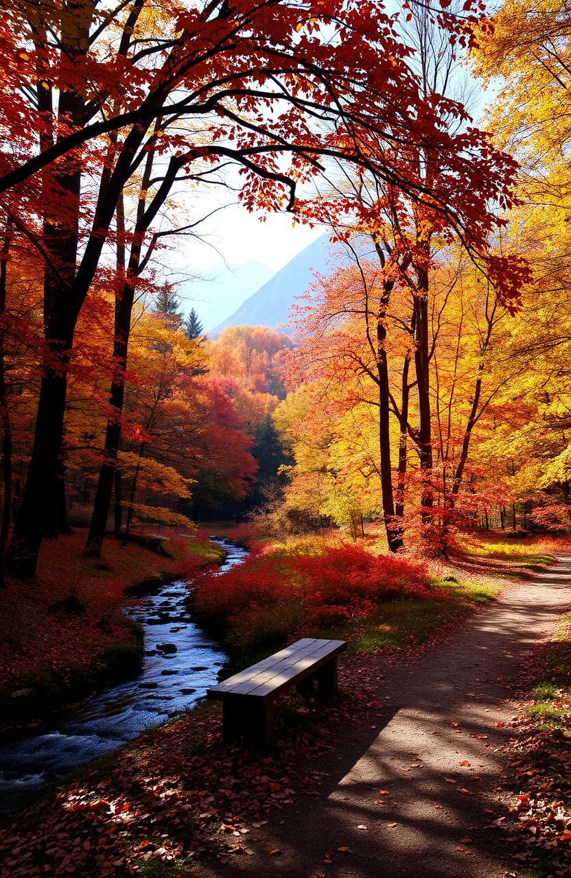 A serene forest pathway during autumn, leading into a colorful landscape filled with vibrant red, orange, and yellow leaves