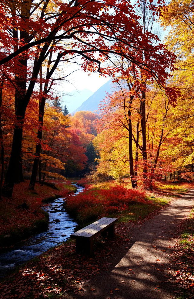 A serene forest pathway during autumn, leading into a colorful landscape filled with vibrant red, orange, and yellow leaves