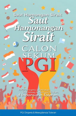 A vibrant and eye-catching campaign cover design featuring the text "Saut Hamonangan Sirait" prominently displayed at the top, along with the phrase "Calon Sekum PGI" elegantly positioned below it