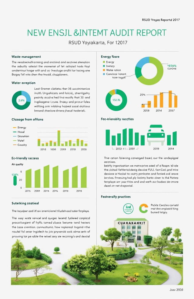 A detailed and informative environment audit report for RSUD Yogyakarta, focusing on various aspects such as waste management, energy consumption, water usage, and air quality