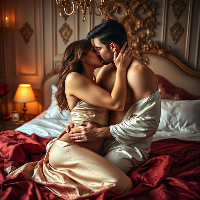 A sensual and intimate scene of a couple intertwined in an elegant bedroom setting, with soft lighting and romantic decor