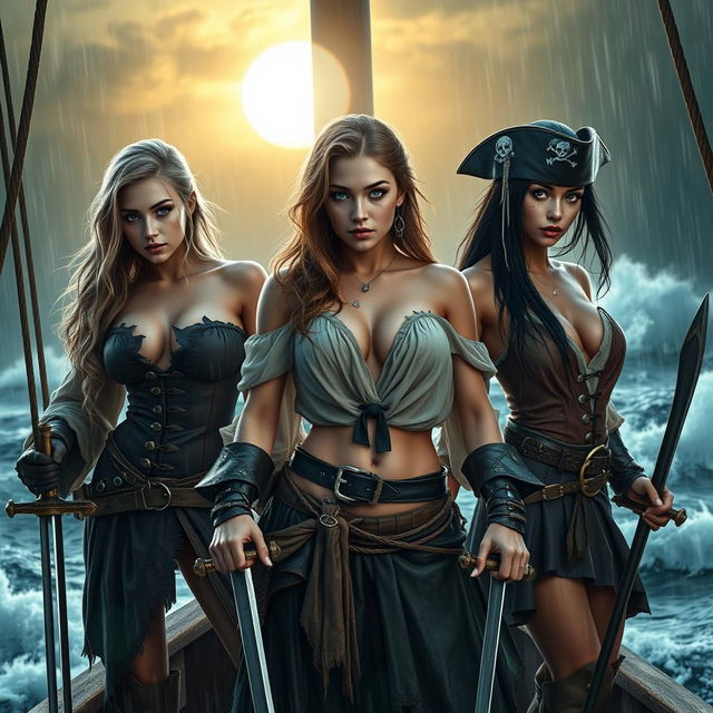 A high-quality, photorealistic image of three athletic pirate girls, featuring a mix of blonde and dark hair along with striking blue eyes