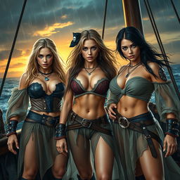 A high-quality, photorealistic image of three athletic pirate girls with a mix of blonde and dark hair, each adorned with striking blue eyes