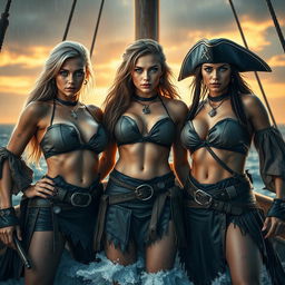 A high-quality, photorealistic image of three athletic pirate girls featuring a mix of blonde and dark hair, each with striking blue eyes