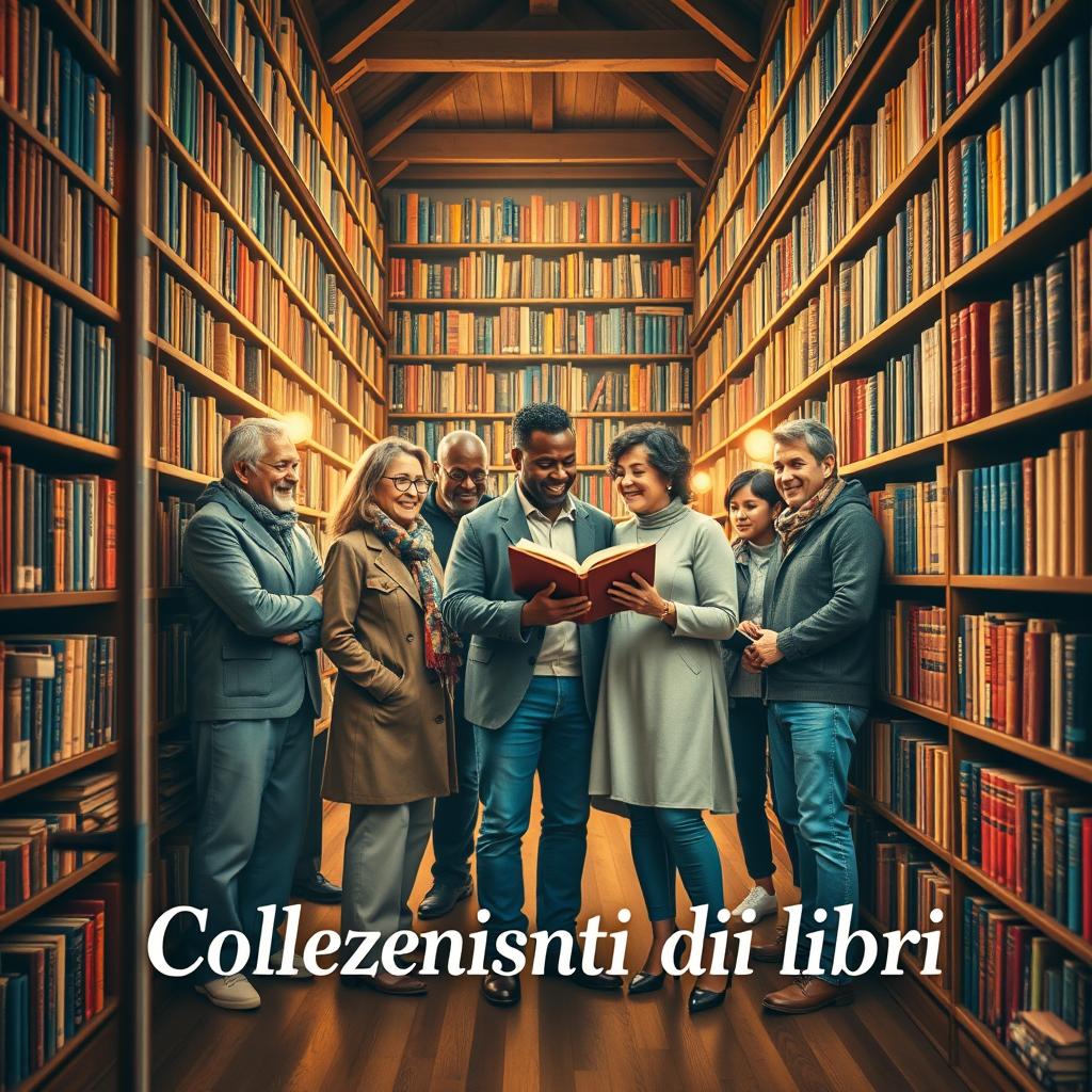 A captivating book cover titled 'Collezionisti di libri', featuring a diverse group of collectors standing proudly amidst a library filled with bookshelves brimming with colorful books