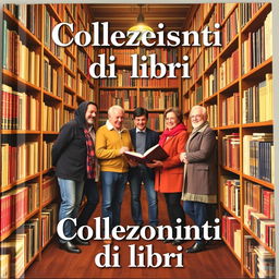A captivating book cover titled 'Collezionisti di libri', featuring a diverse group of collectors standing proudly amidst a library filled with bookshelves brimming with colorful books