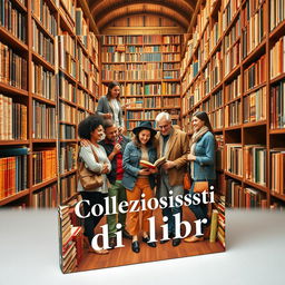 A captivating book cover titled 'Collezionisti di libri', featuring a diverse group of collectors standing proudly amidst a library filled with bookshelves brimming with colorful books