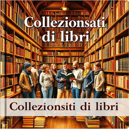 A captivating book cover titled 'Collezionisti di libri', featuring a diverse group of collectors standing proudly amidst a library filled with bookshelves brimming with colorful books