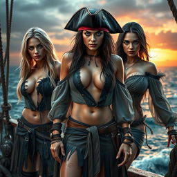 A high-quality, photorealistic image of three athletic pirate girls with a mix of blonde and dark hair and striking blue eyes
