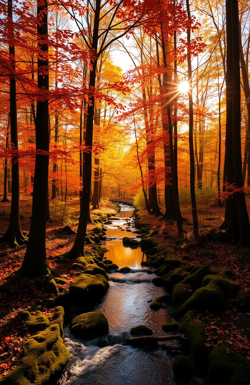 A serene forest landscape during golden hour, showcasing vibrant autumn foliage in shades of orange, yellow, and red