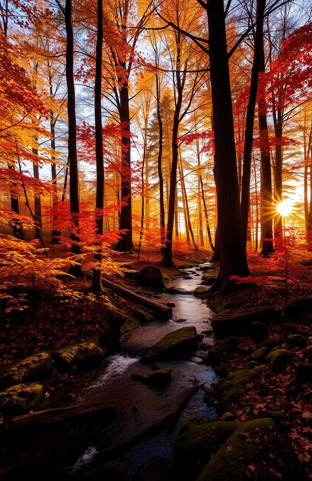 A serene forest landscape during golden hour, showcasing vibrant autumn foliage in shades of orange, yellow, and red