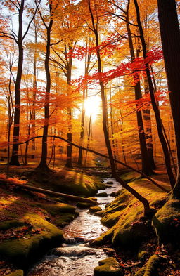 A serene forest landscape during golden hour, showcasing vibrant autumn foliage in shades of orange, yellow, and red