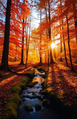 A serene forest landscape during golden hour, showcasing vibrant autumn foliage in shades of orange, yellow, and red