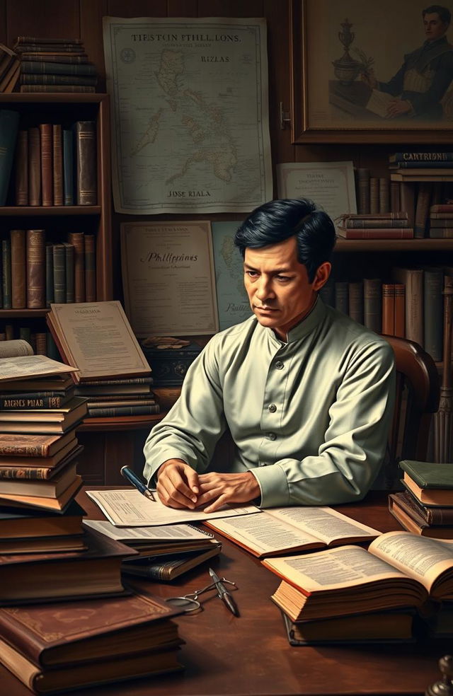 A historical scene depicting Jose Rizal, the Philippine national hero, engaged in writing at his desk