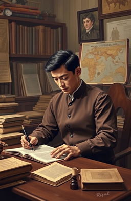 A historical scene depicting Jose Rizal, the Philippine national hero, engaged in writing at his desk