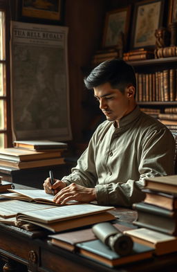 A historical scene depicting Jose Rizal, the Philippine national hero, engaged in writing at his desk