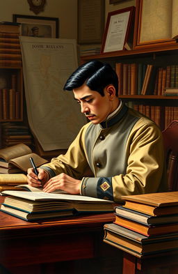 A historical scene depicting Jose Rizal, the Philippine national hero, engaged in writing at his desk