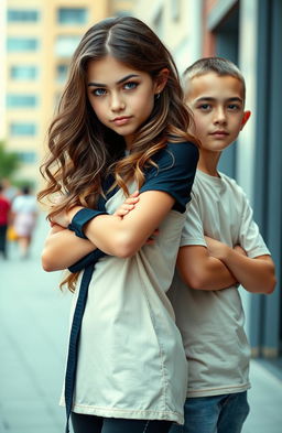 A portrait of a girl with an arrogant nature, displaying a confident and slightly defiant expression, her arms crossed and a smirk on her face